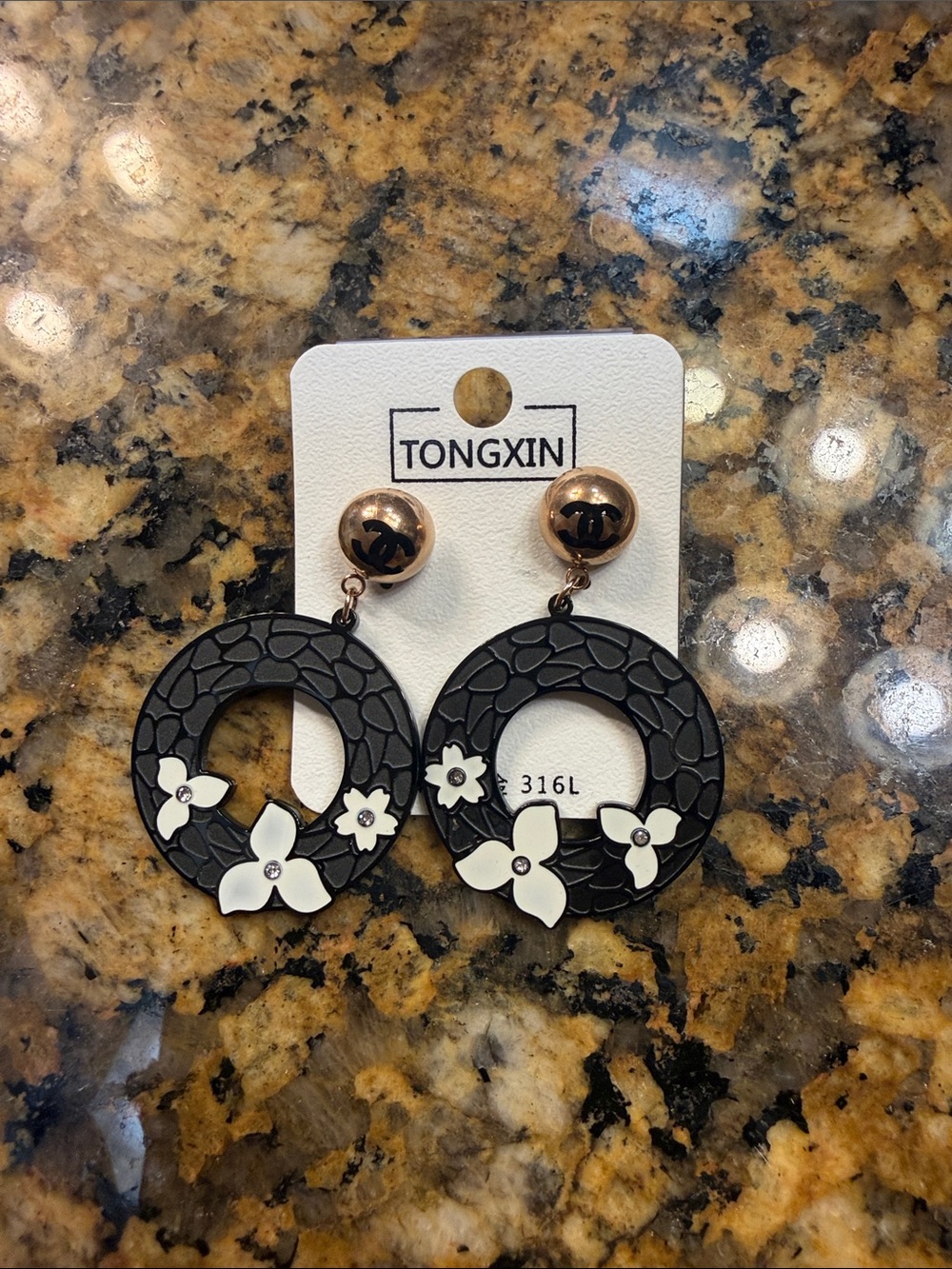 Black and White Floral Hoop Drop Earrings